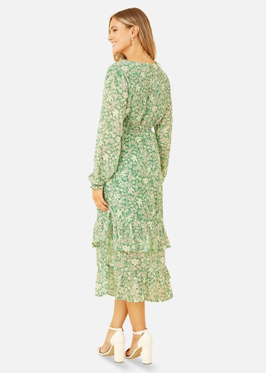 Yumi Green Floral Wrap Long Sleeve Tiered Midi Dress