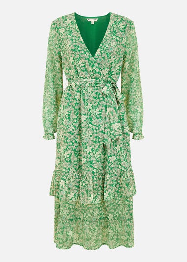 Yumi Green Floral Wrap Long Sleeve Tiered Midi Dress