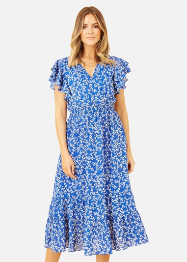 Yumi Blue Ditsy Print Midi Dress With Frill Sleeve