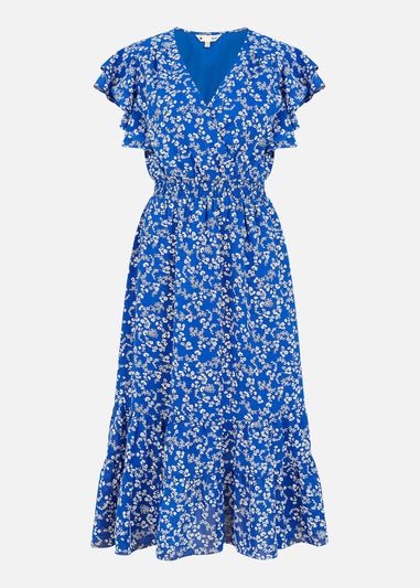 Yumi Blue Ditsy Print Midi Dress With Frill Sleeve