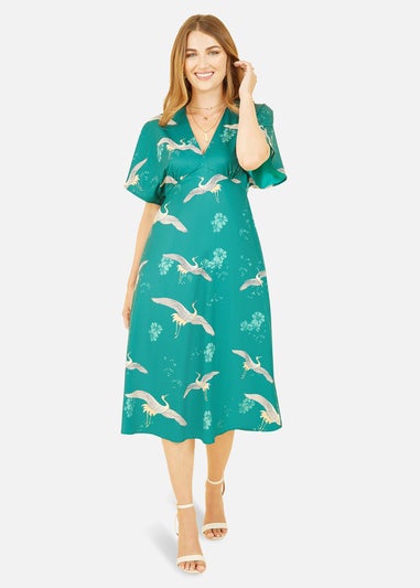 Yumi Green Crane Print Kimono Midi Dress