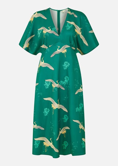 Yumi Green Crane Print Kimono Midi Dress