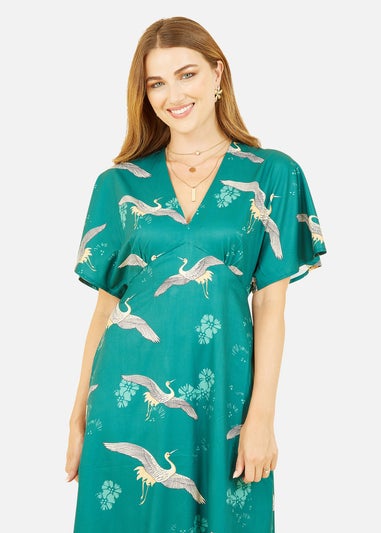 Yumi Green Crane Print Kimono Midi Dress