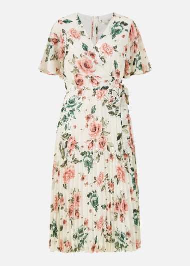 Yumi Ivory Floral Pleated Wrap Midi Dress