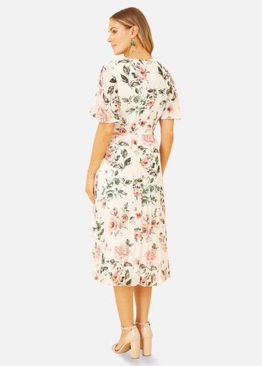 Yumi Ivory Floral Pleated Wrap Midi Dress