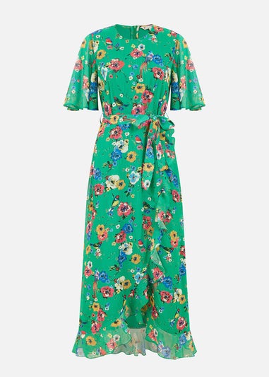 Yumi Green Floral Bird Print Midi Frill Dress