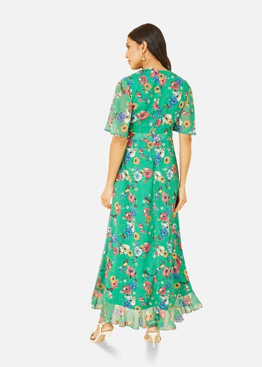 Yumi Green Floral Bird Print Midi Frill Dress