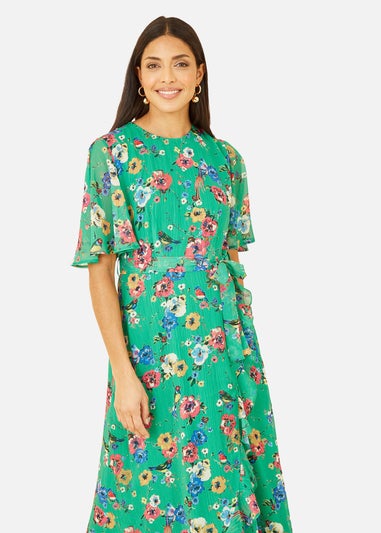 Yumi Green Floral Bird Print Midi Frill Dress
