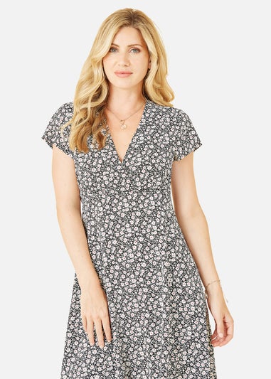 Yumi Black Ditsy Floral Print Tea Dress