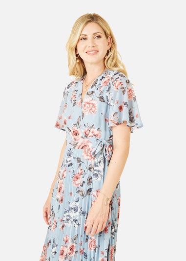 Yumi Blue Floral Pleated Wrap Midi Dress