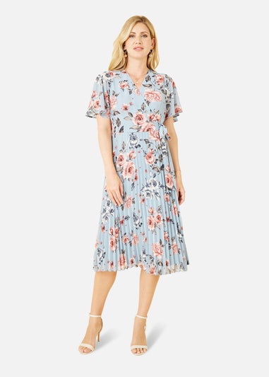 Yumi Blue Floral Pleated Wrap Midi Dress