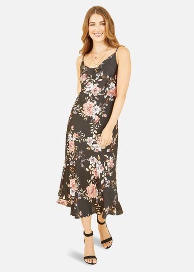 Yumi Black Satin Floral Cowl Neck Slip Dress