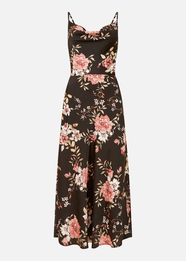 Yumi Black Satin Floral Cowl Neck Slip Dress