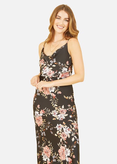 Yumi Black Satin Floral Cowl Neck Slip Dress