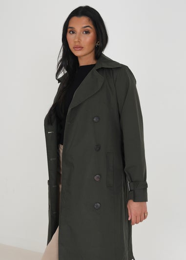 Brave Soul Khaki Double-Breasted Longline Trench Coat