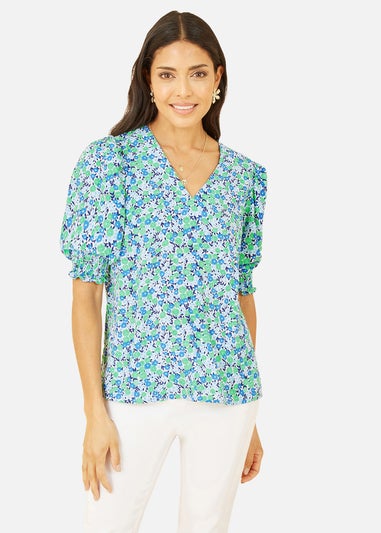 Yumi Green Ditsy Print Puff Sleeve Top