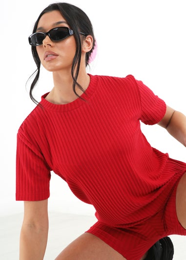 Brave Soul Red Naya Oversized T-shirt & Cycling Shorts Lounge Set