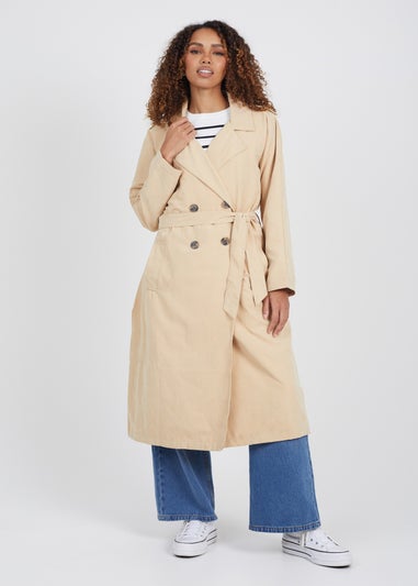 Brave Soul Camel Double-Breasted Longline Trench Coat with Raglan Sleeves
