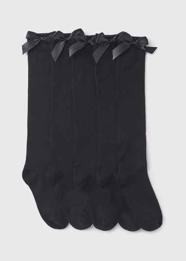 5 Pack Girls Black Knee High Bow Socks (2-12yrs)