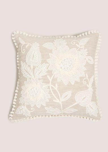 Cream Embellished Floral Cushion