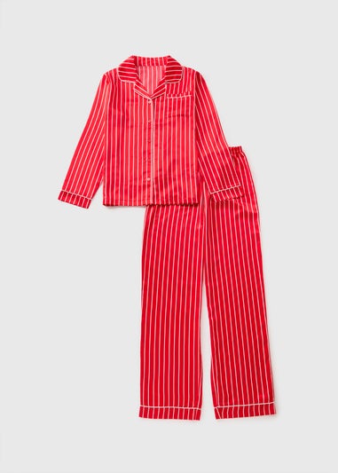 Girls Red Christmas Stripe Satin Pyjama Set (4-12yrs)