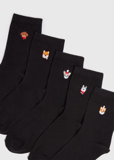 5 Pack Black Dog Embroidered Crew Socks