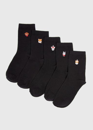 5 Pack Black Dog Embroidered Crew Socks