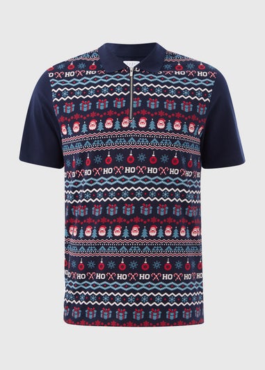 Navy Christmas Print 1/4 Zip Polo Shirt