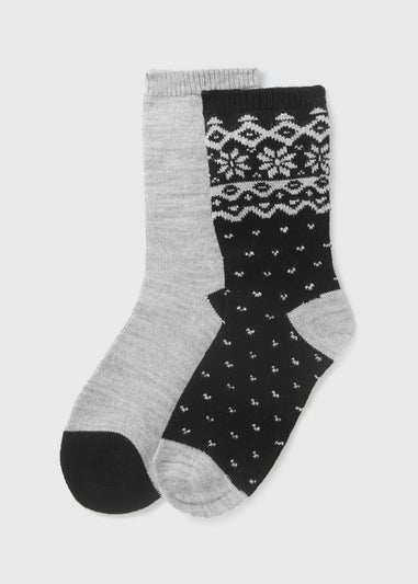 2 Pack Black Thermal Fairisle Socks