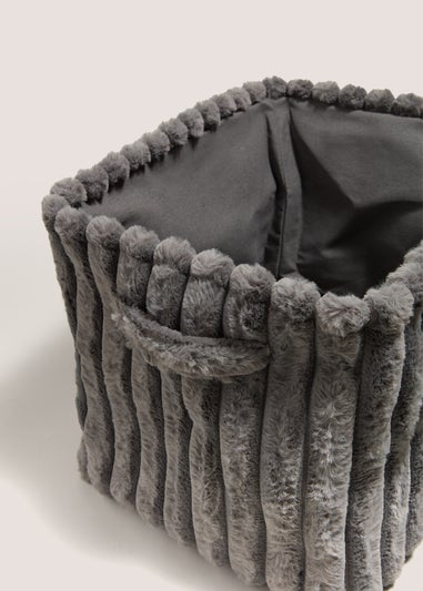 Grey Fur Ribbed Storage Basket