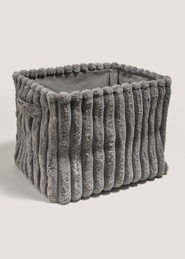 Grey Fur Ribbed Storage Basket