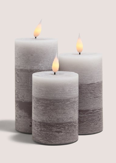 3 Pack Grey LED Pillar Candles ( 10cm x 12cm x 15cm)