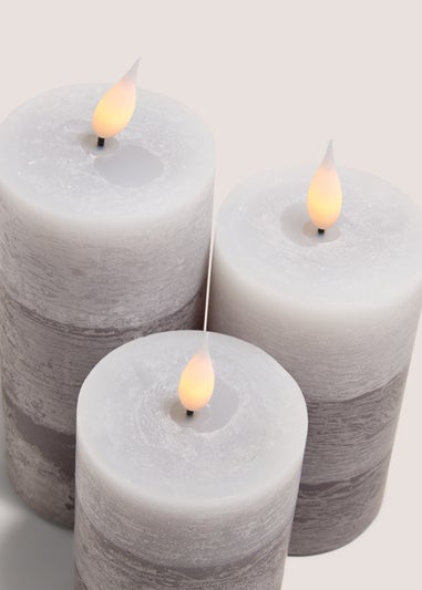 3 Pack Grey LED Pillar Candles ( 10cm x 12cm x 15cm)