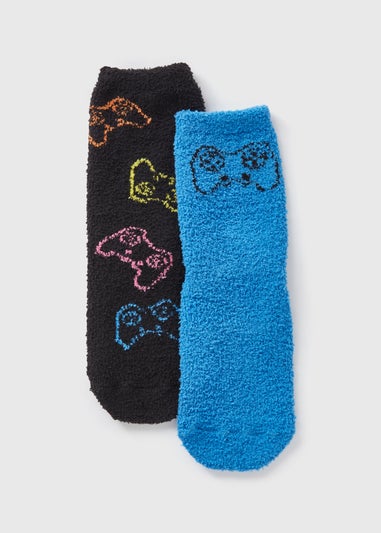 2 Pack Boys Black Gamer Fluffy Socks (Younger 6-Older 6.5)