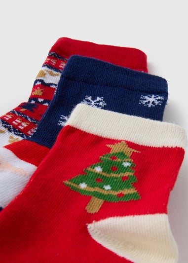 3 Pack Kids Red Christmas Socks (Younger 6-Older 6.5)