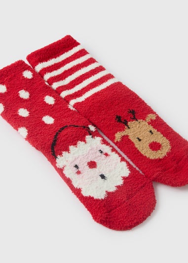 2 Pack Boys Red Christmas Fluffy Socks (Younger 6-Older 6.5)