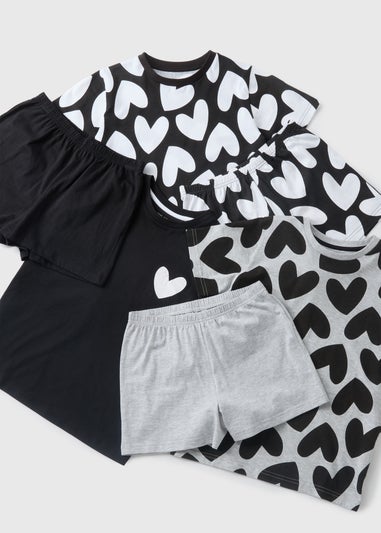 3 Pack Girls Monochrome Heart Top & Shorts Pyjama Set (7-13yrs)