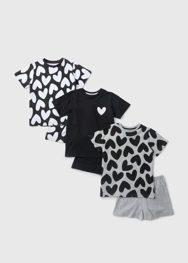 3 Pack Girls Monochrome Heart Top & Shorts Pyjama Set (7-13yrs)