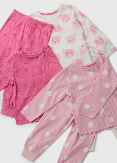 3 Pack Girls Pink Teddy Top & Bottom Pyjama Set (1-7yrs)