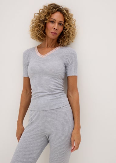 Grey Thermal V-Neck Top & Leggings Set