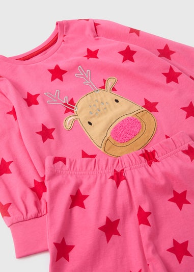 Girls Pink Reindeer Star Top & Bottom Pyjama Set (1-7yrs)