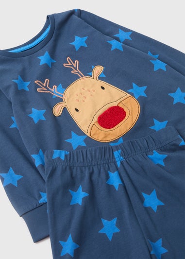 Boys Blue Reindeer Star Top & Bottom Pyjama Set (1-7yrs)