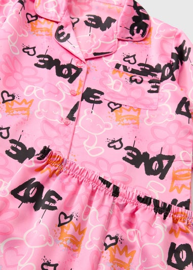 Girls Pink Graffiti Satin Pyjama Set (4-12yrs)