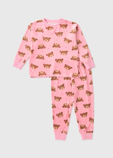 Girls Pink Bear Velour Top & Bottom Pyjama Set (1-7yrs)