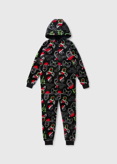 Boys Black Christmas Gaming Onesie (7-13yrs)