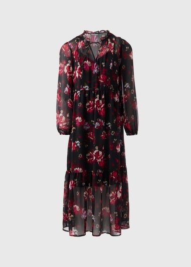 Black Floral Chiffon Midi Dress