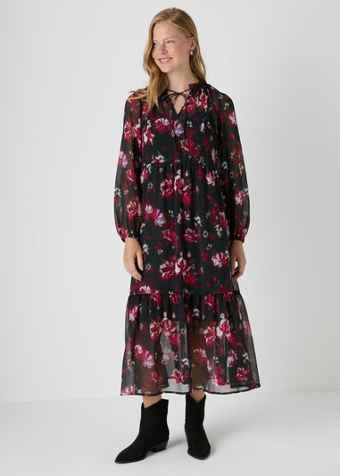 Black Floral Chiffon Midi Dress