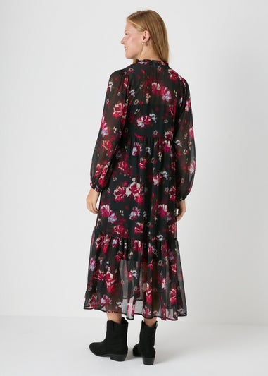 Black Floral Chiffon Midi Dress