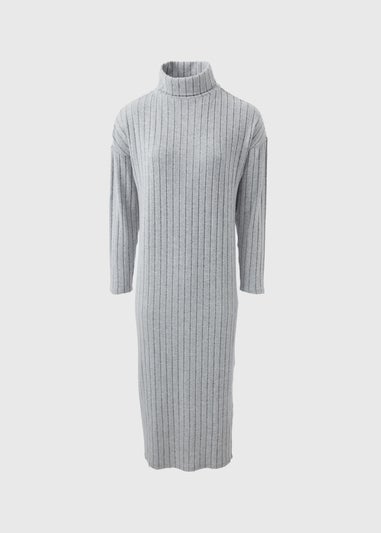 Grey Ribbed Roll Neck Midi Dress