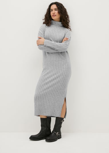 Grey Ribbed Roll Neck Midi Dress